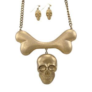 Burnished Goldtone Skull And Bones Bib Necklace - Matching Earrings